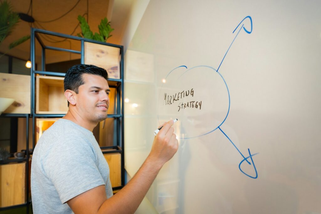Business team mapping a competitor analysis framework on a whiteboard
