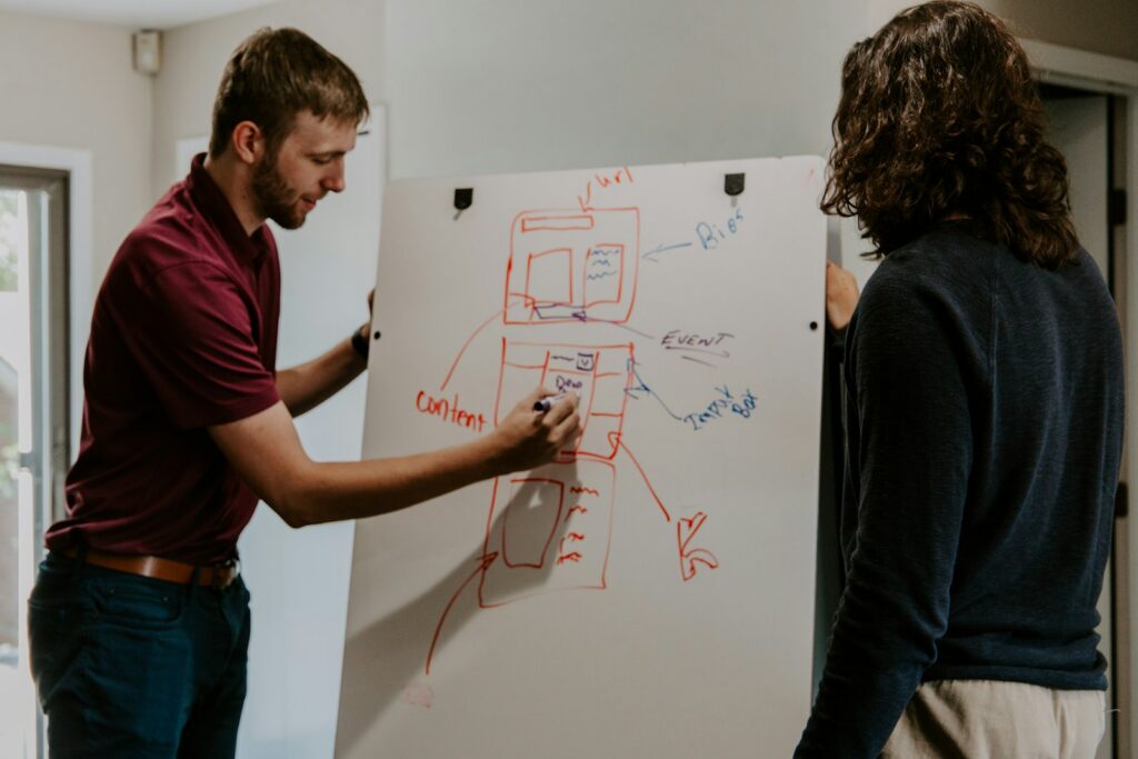 Managers sketching a new organisational structure for their SME on a whiteboard
