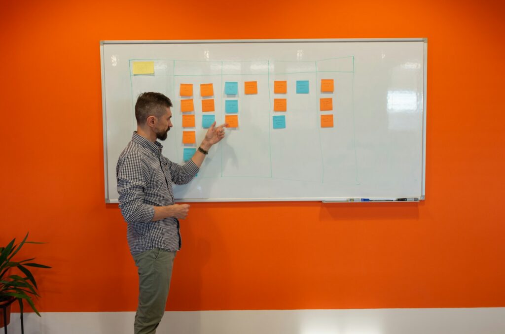 Business team writing SMART goals examples for business planning on a whiteboard